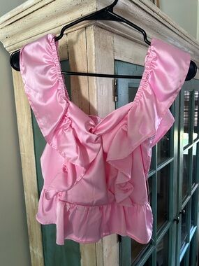 Cake for Dinner Pink Ruffled Satin Tank Top